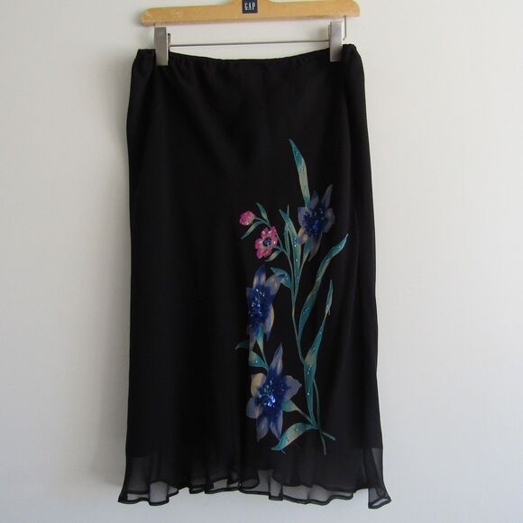 Robbie Bee Silk Skirt 16 Black Floral Beaded Fairy Vintage Y2K Whimsygoth - Picture 1 of 9